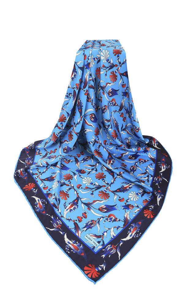 Turquoise Turkish Pattern Carnation Tulip Pattern Silky Square Scarf - 3