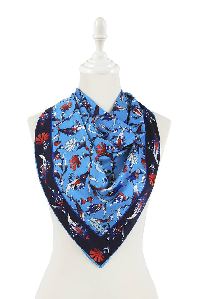 Turquoise Turkish Pattern Carnation Tulip Pattern Silky Square Scarf - 2