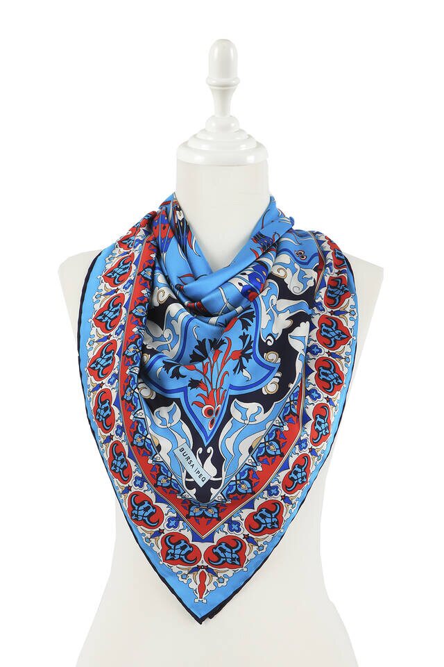 Turquoise Turkish Patterned Cintemani Carnation Pattern Silky Square Scarf - 2