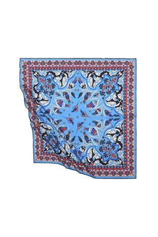 Turquoise Turkish Patterned Cintemani Carnation Pattern Silky Square Scarf 