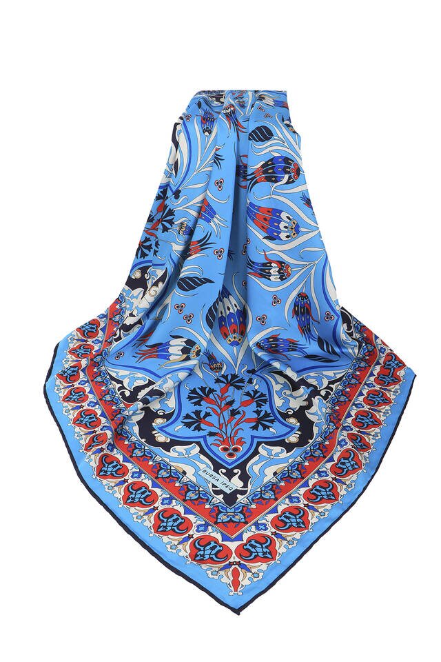 Turquoise Turkish Patterned Cintemani Carnation Pattern Silky Square Scarf - 3