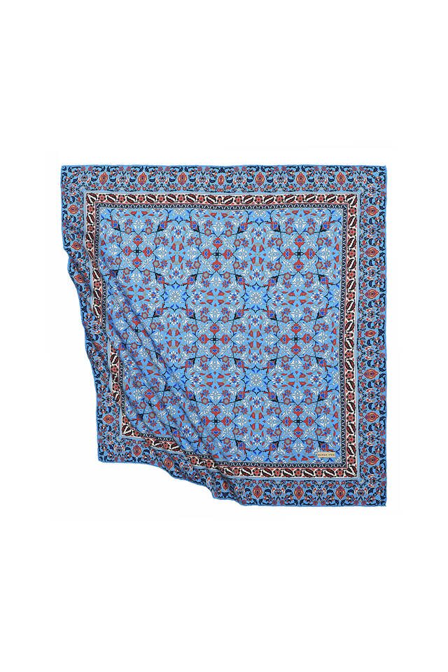 Turquoise Turkish Patterned Tile Pattern Silk Square Scarf - 1