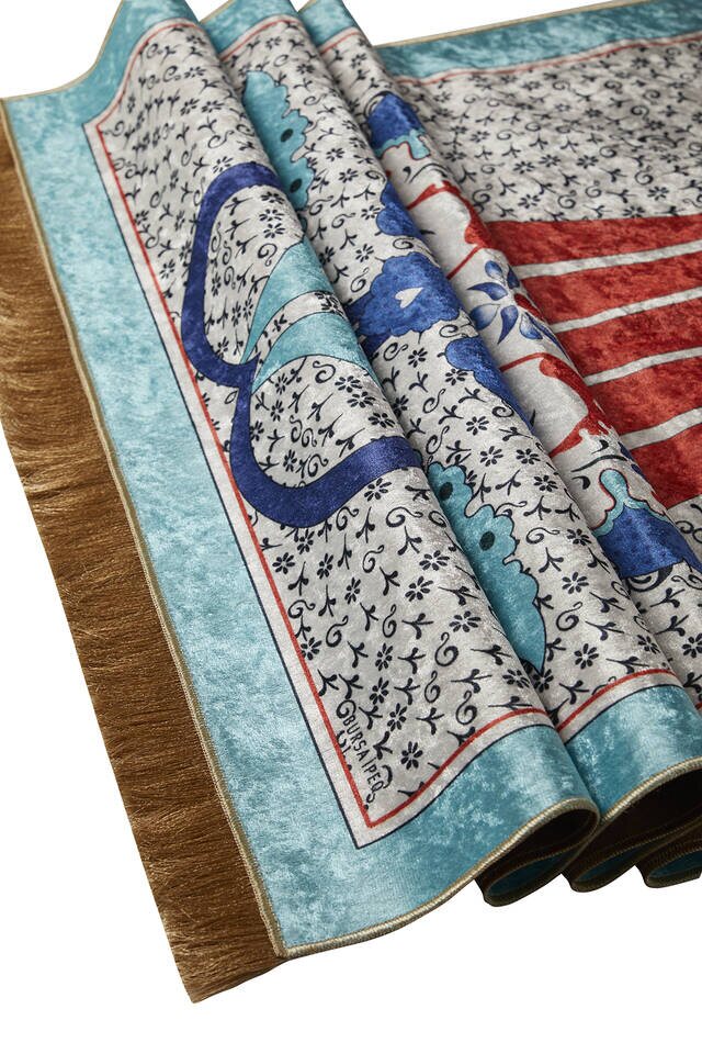 Turquoise Velvet Carpet Prayer Rug - 3