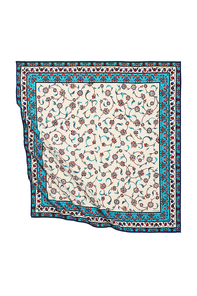 Turquoise Wildflower Pattern Silky Square Scarf 