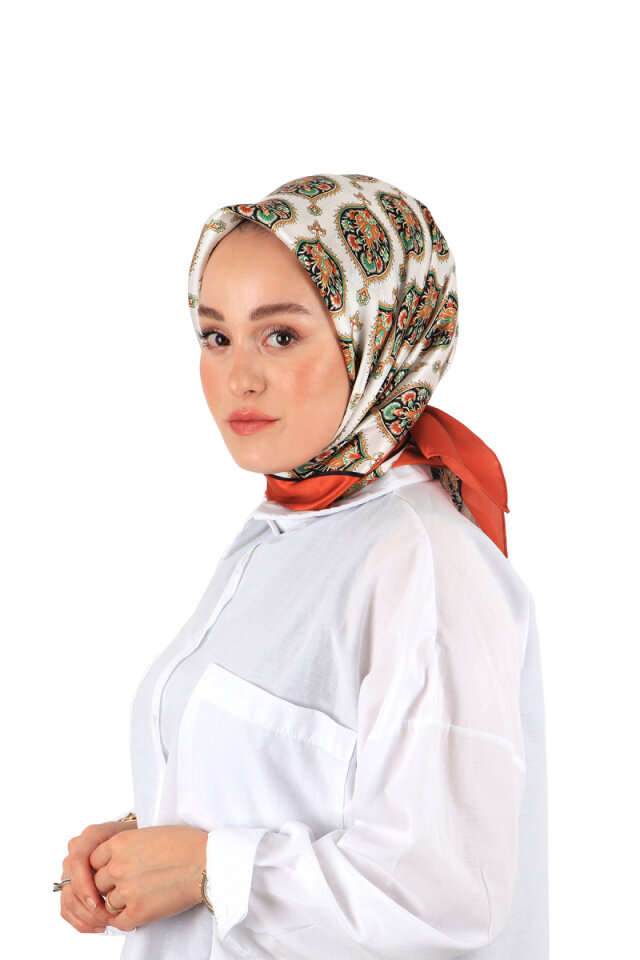 Turuncu Hatai Desen İpek Eşarp 