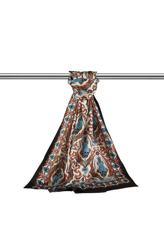 Turuncu Siyah Karanfil Desen Dar İpeksi Fular - 3