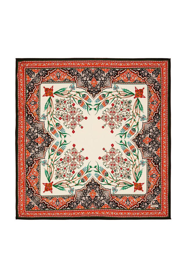 Turuncu Siyah Şamdan Lale Desen İpek Eşarp 