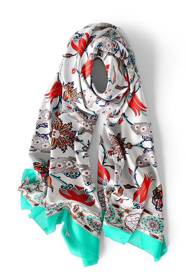 Water Green Cream Ephesus Pattern Silk Foulard - 3