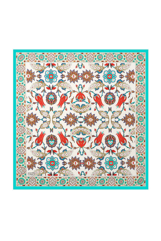 Water Green Cream Ephesus Pattern Silk Square Scarf - 2