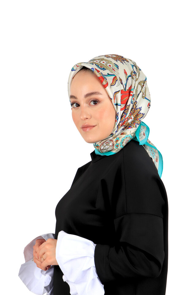 Water Green Cream Ephesus Pattern Silk Square Scarf - Bursa İpek