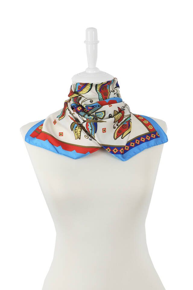 Water Green Red Patterned Silky Foulard - 2