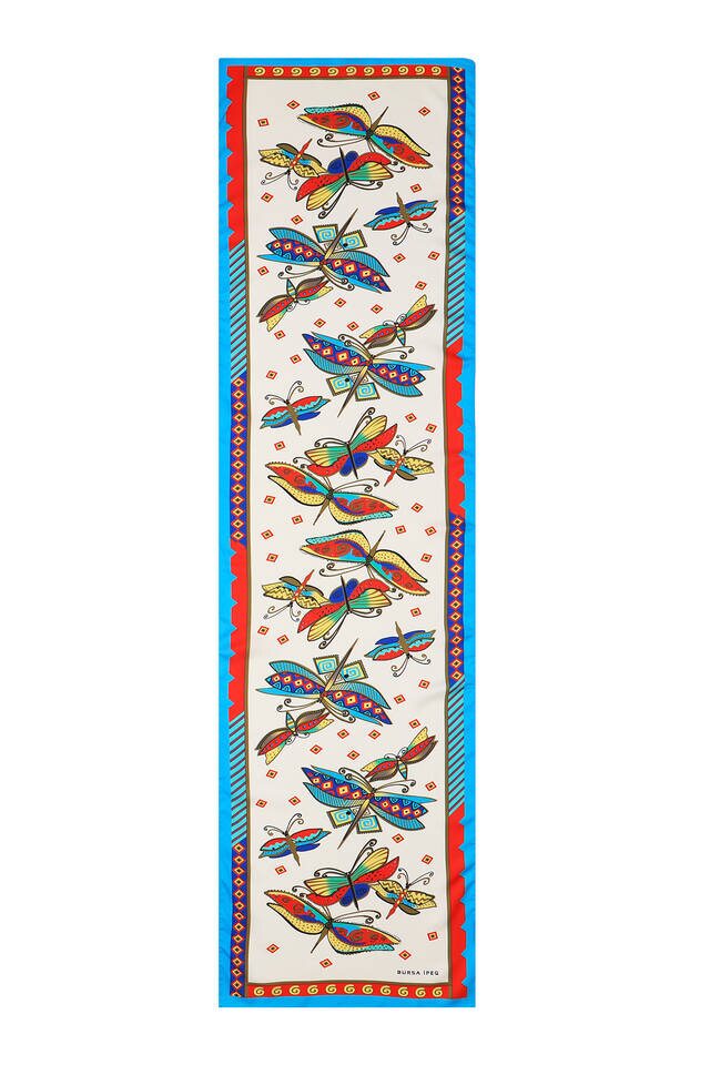 Water Green Red Patterned Silky Foulard - 4