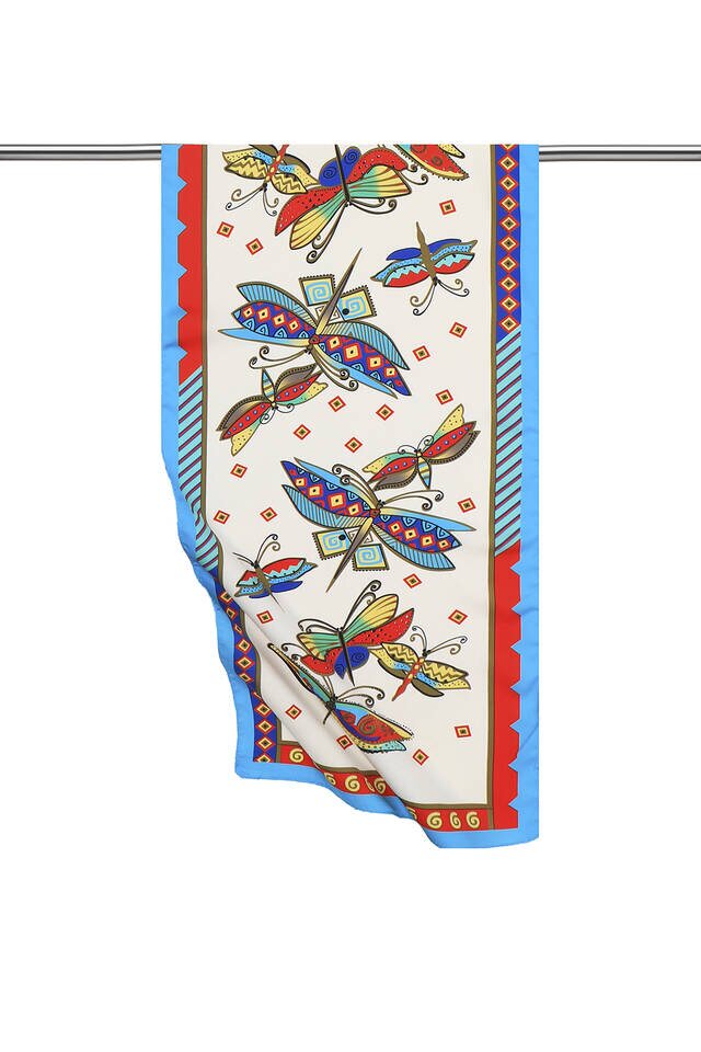 Water Green Red Patterned Silky Foulard - 1