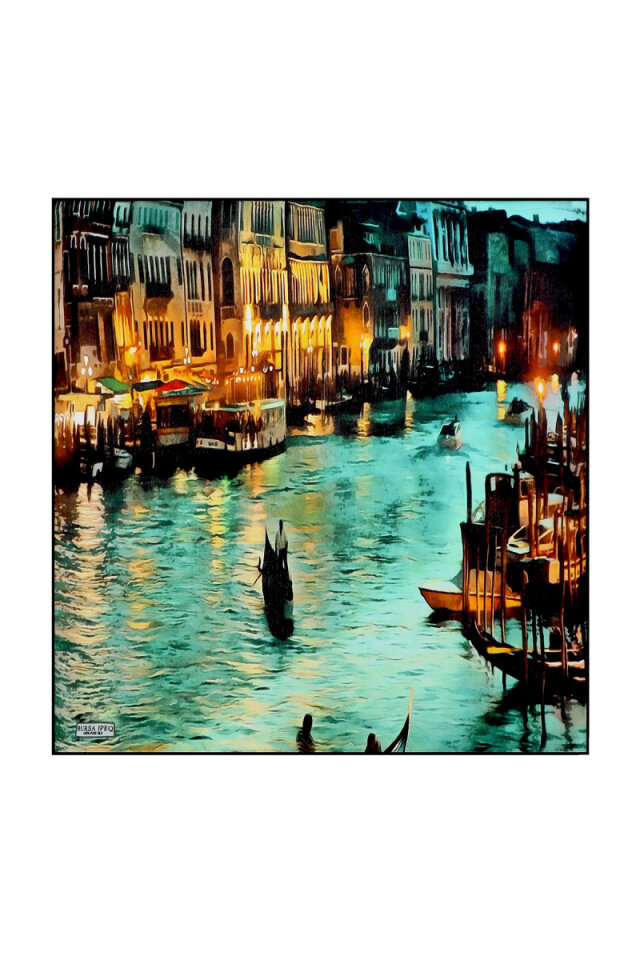 Water Green Venice Pattern Silk Pocket Square - Bursa İpek