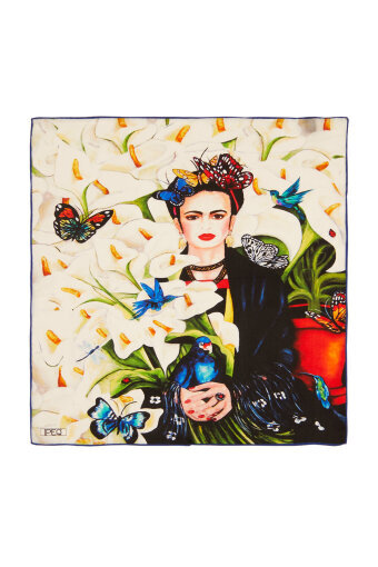 White Frida Pattern Silk Pocket Square 