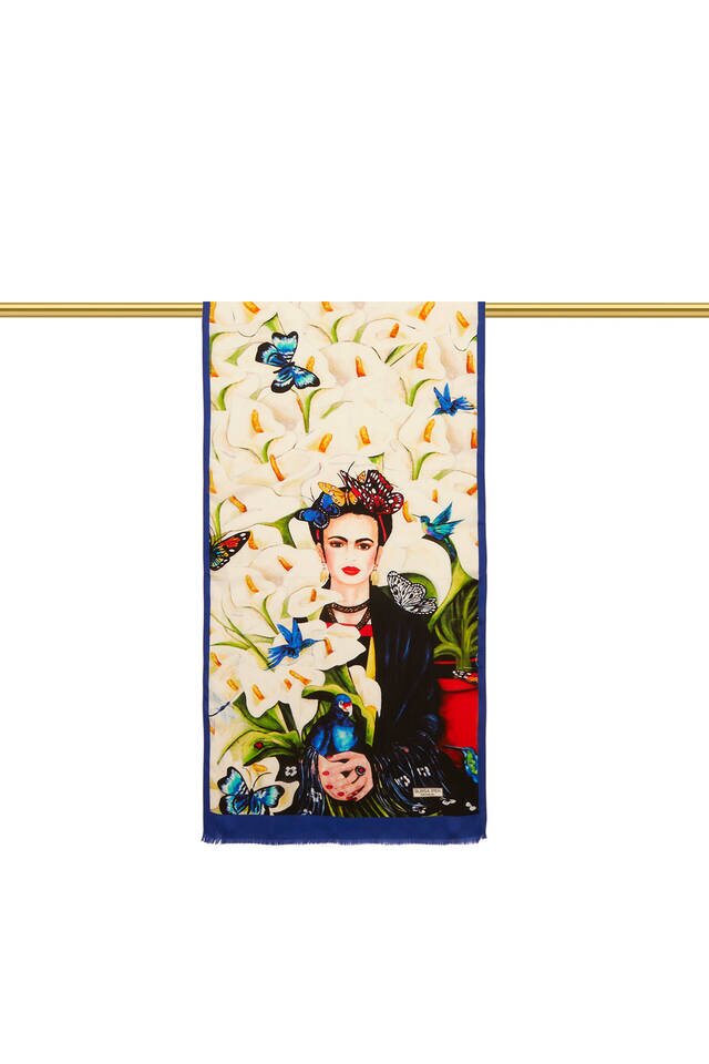 White Frida Silk Painting Foulard - 3