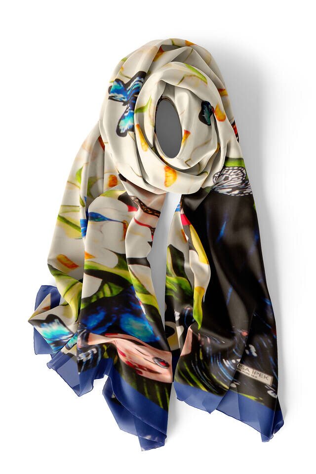 White Frida Silk Painting Foulard - 4