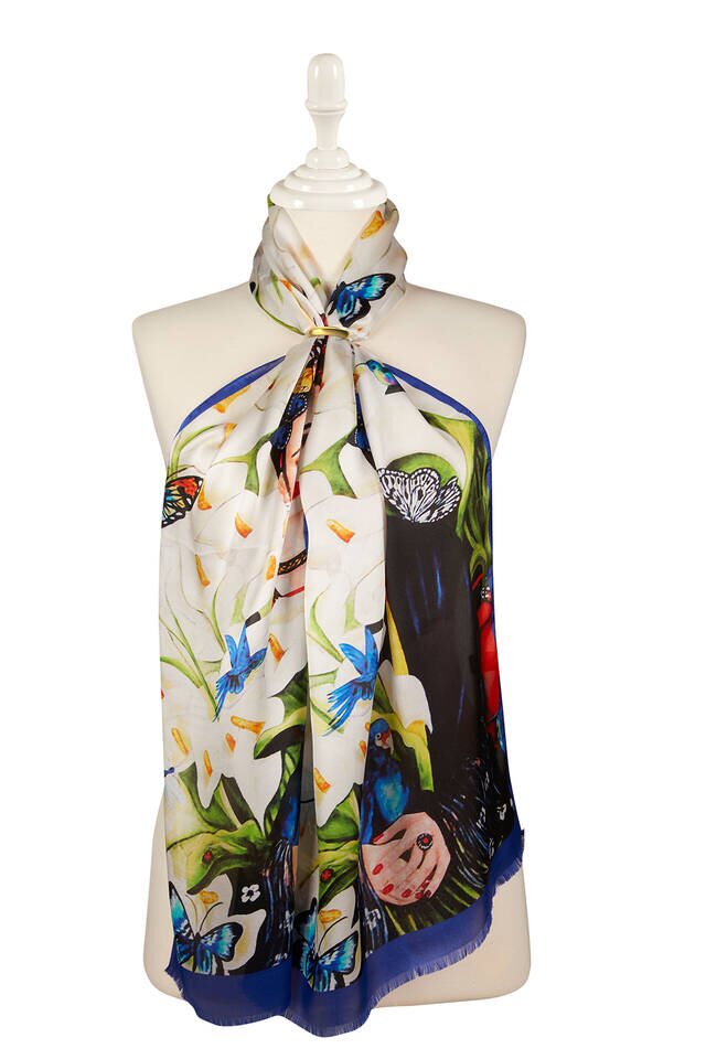 White Frida Silk Painting Foulard 