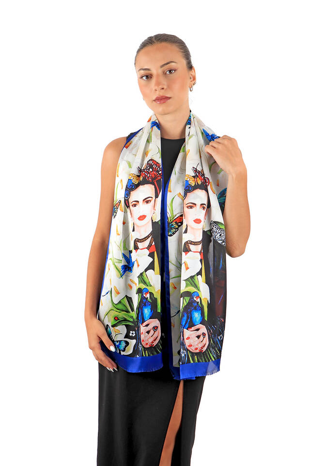 White Frida Silk Painting Foulard - 2