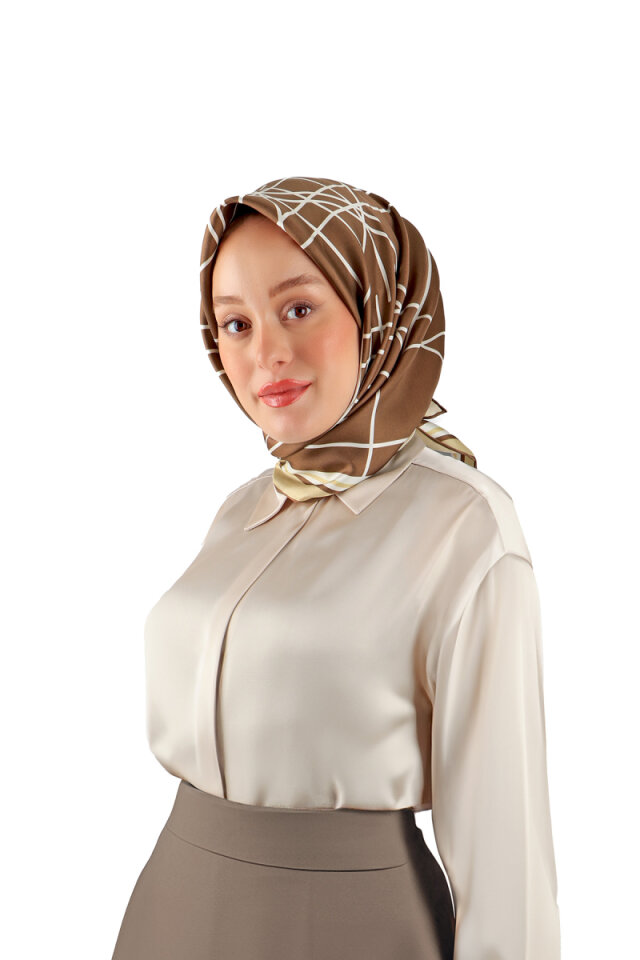 Kahverengi Yankı Desen Twill İpek Eşarp 