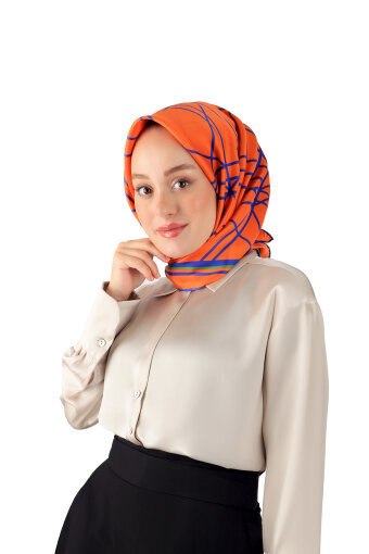 Turuncu Yankı Desen Twill İpek Eşarp 