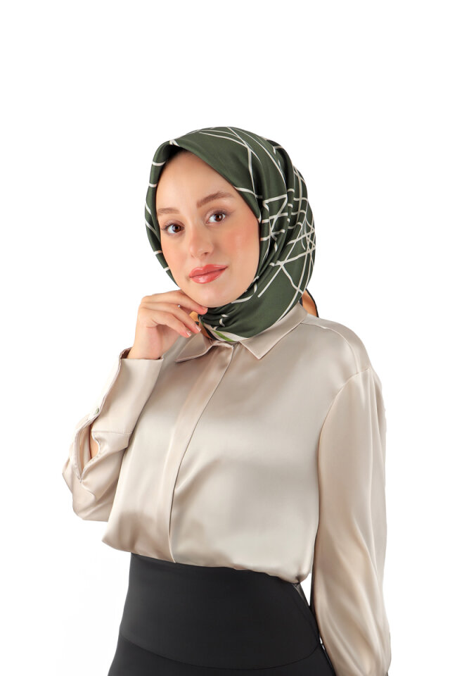 Yeşil Yankı Desen Twill İpek Eşarp 