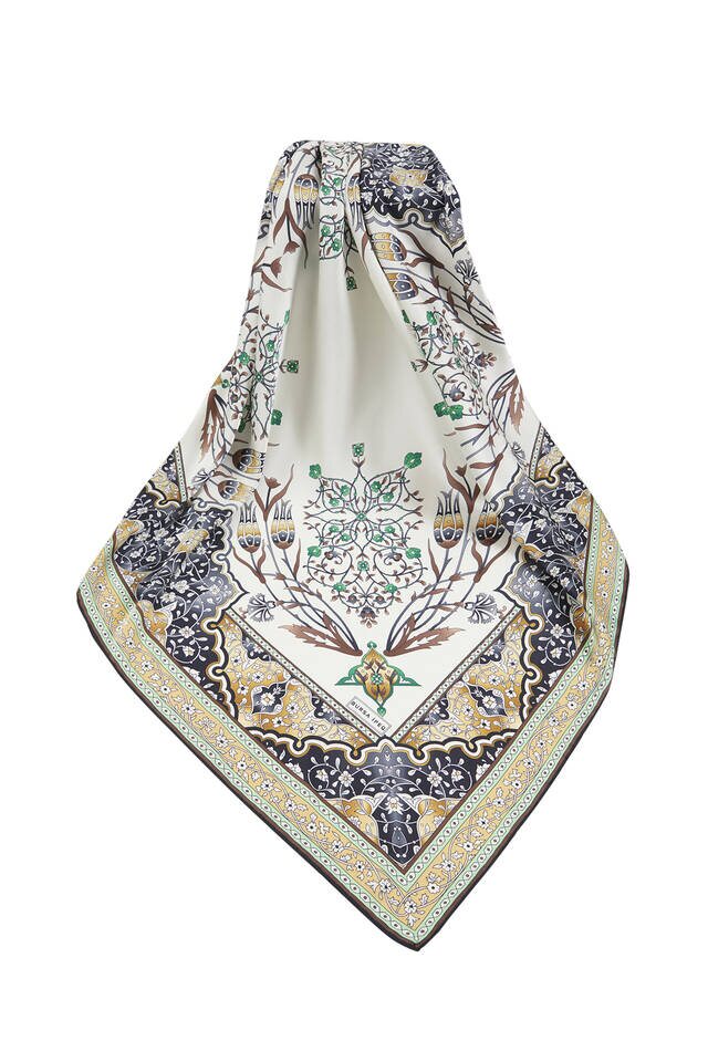 Yellow Black Turkish Motif Candlestick Tulip Pattern Silky Square Scarf - 3