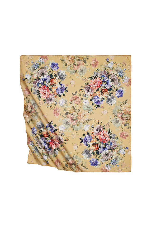 Yellow Fourflower Pattern Silky Square Scarf 