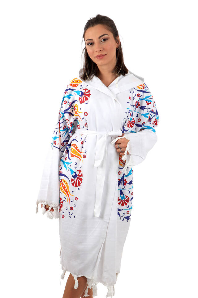 Yellow Red Printed Tulip Pattern Bathrobe - Bursa İpek