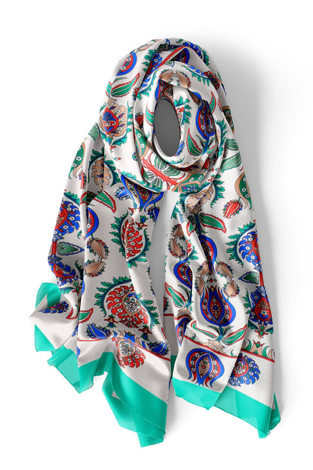Yeşil İznik Desen İpek Fular - 3