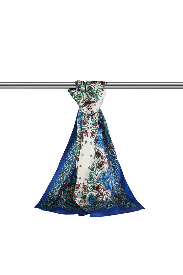 Yeşil Saks Çini Lale Desen Dar İpeksi Fular - 3