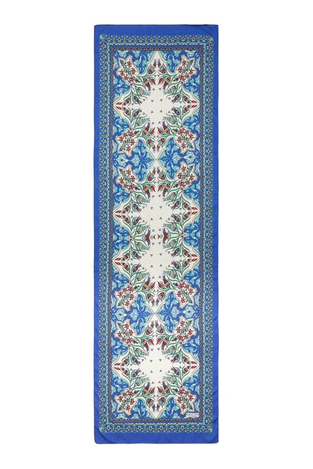 Yeşil Saks Çini Lale Desen Dar İpeksi Fular - 4