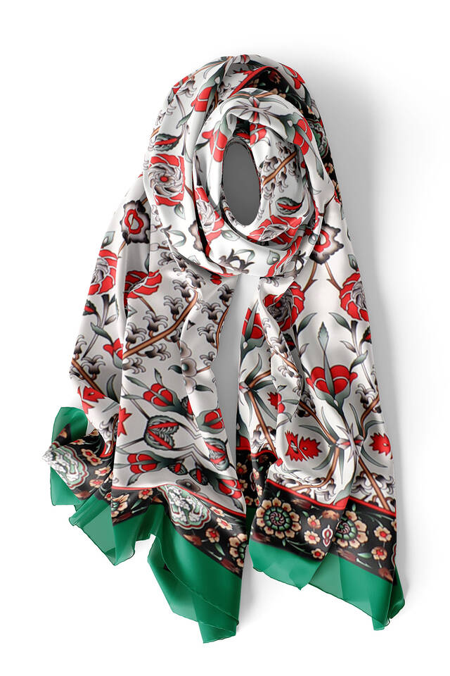 Yeşil Siyah Selçuk Desen İpek Fular - 3