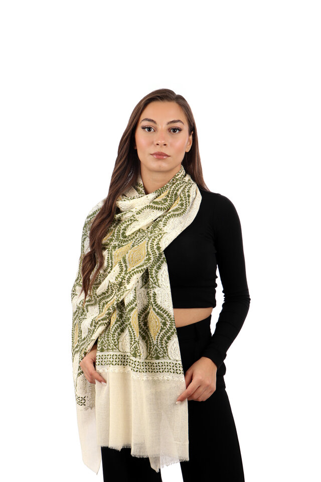 Cream Green Stone Embroidered Wool Silk Shawl 