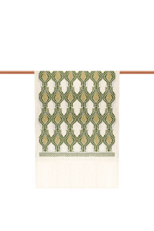 Cream Green Stone Embroidered Wool Silk Shawl - 3