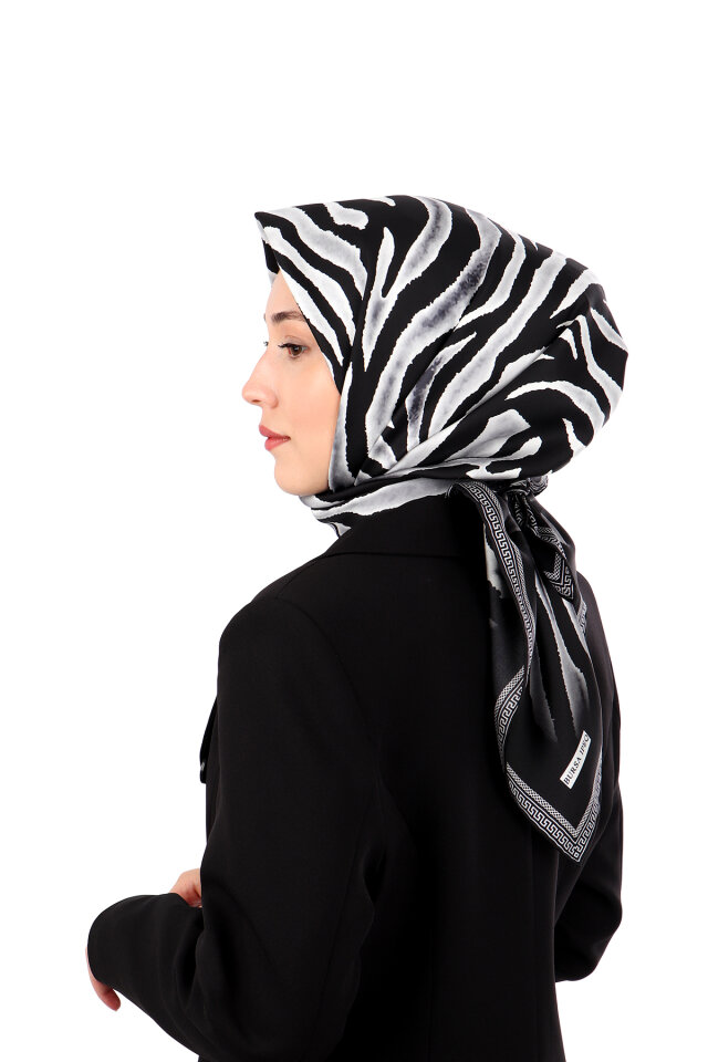 Gri Zebra Desen Twill İpek Eşarp - 2