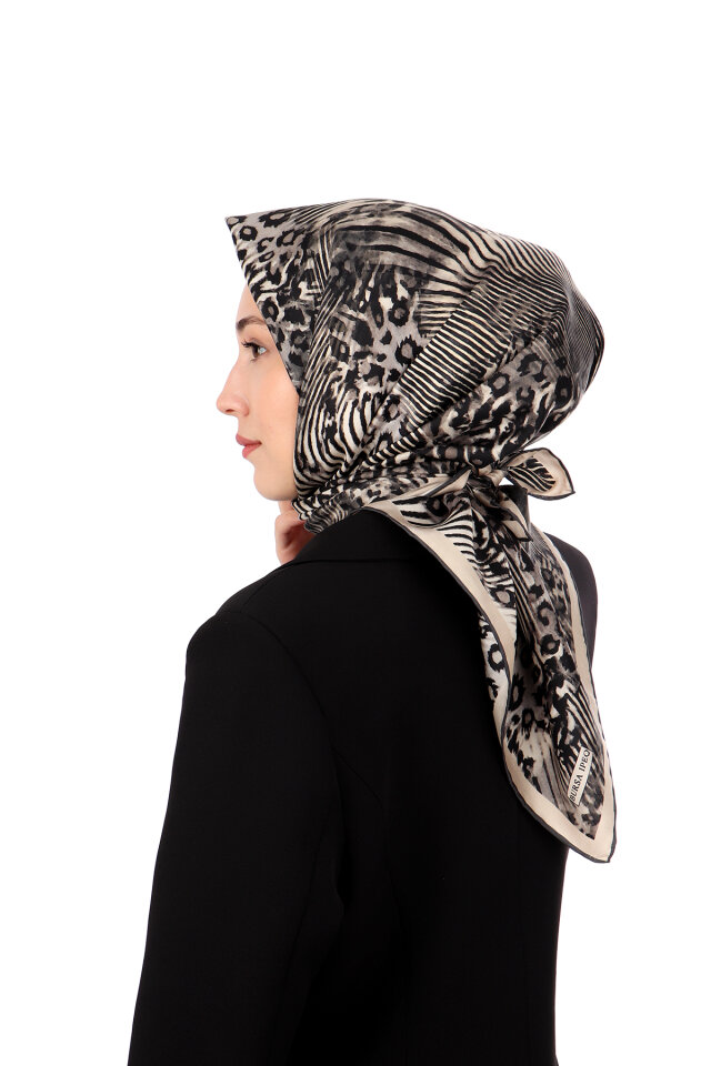 Gri Zebra Leopar Desen Twill İpek Eşarp - 3