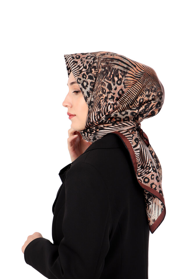 Kestane Zebra Leopar Desen Twill İpek Eşarp - 3