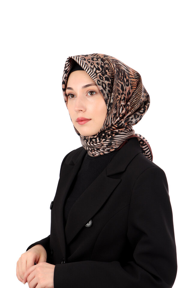 Kestane Zebra Leopar Desen Twill İpek Eşarp 
