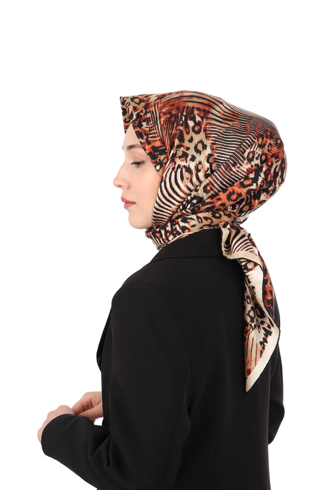 Turuncu Zebra Leopar Desen Twill İpek Eşarp - 2