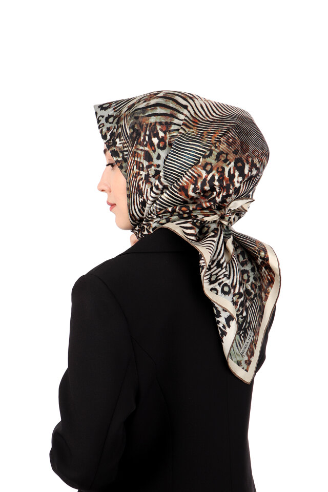 Yeşil Zebra Leopar Desen Twill İpek Eşarp - 3