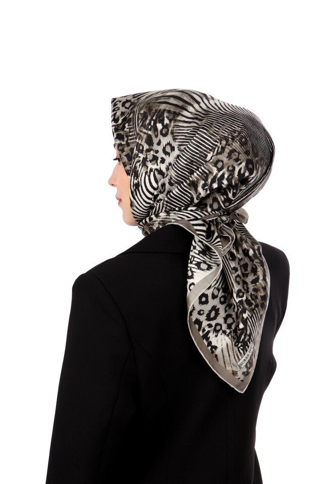 Smoke Zebra Leopard Pattern Twill Silk Scarf - 2