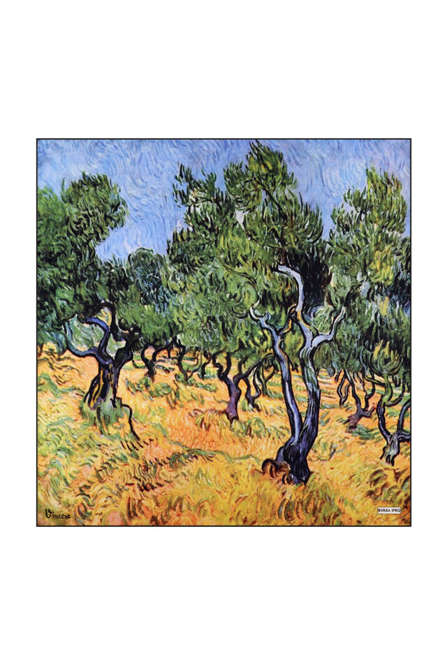 Yeşil Zeytin Ağacı Desen İpek Mendil - Bursa İpek