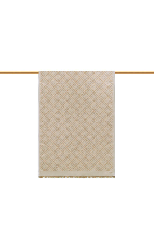 Bej Zincir Desen Jakarlı İpek Şal - 2