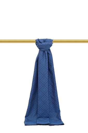 Gece Mavi Zincir Desen Jakarlı İpek Şal 