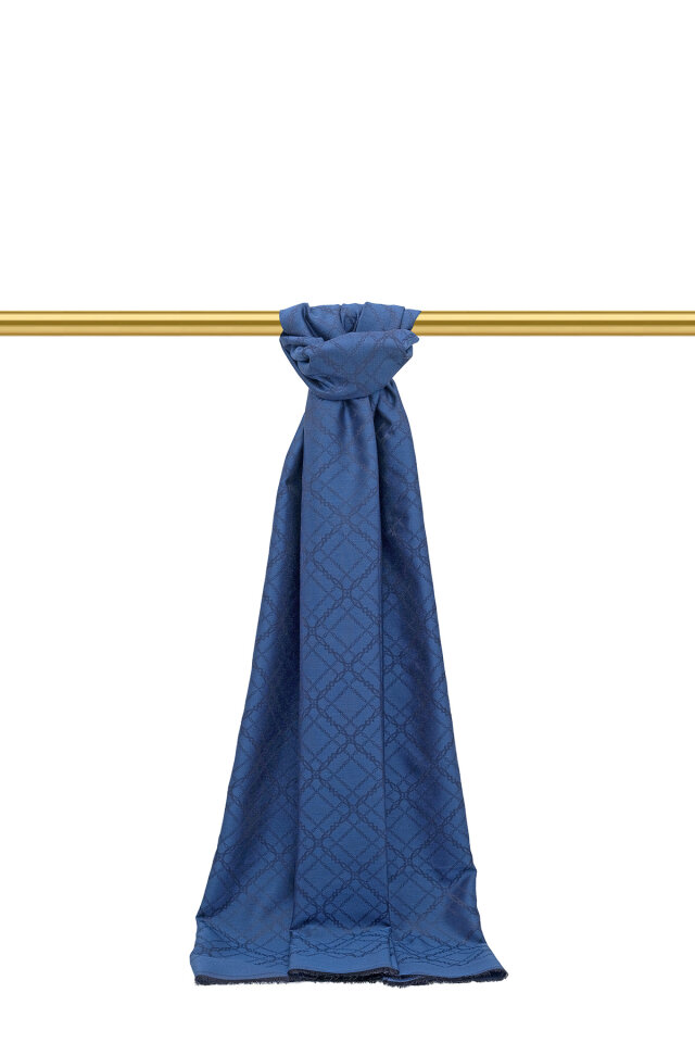 Gece Mavi Zincir Desen Jakarlı İpek Şal - 1