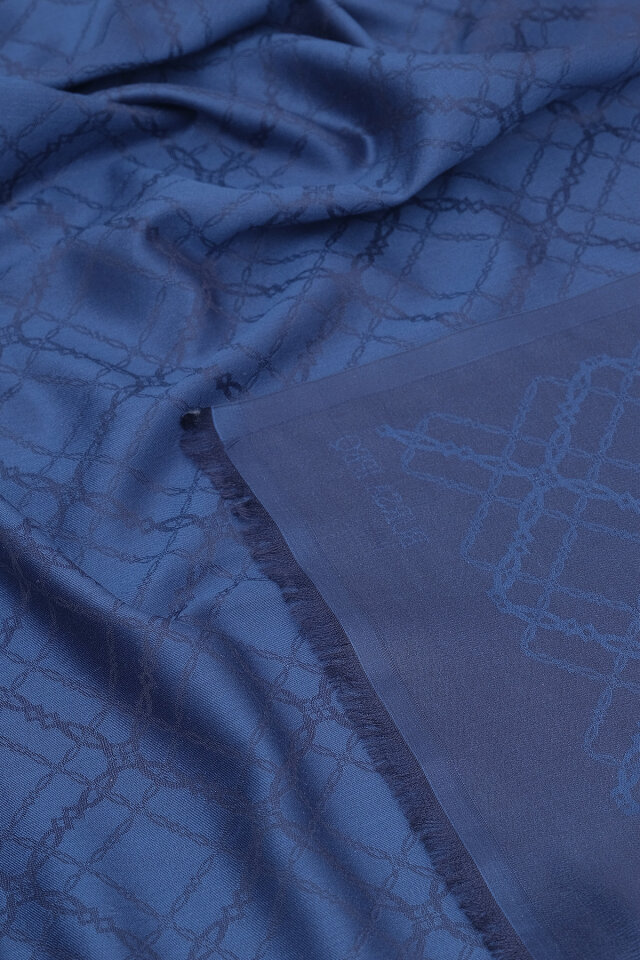 Gece Mavi Zincir Desen Jakarlı İpek Şal - 3