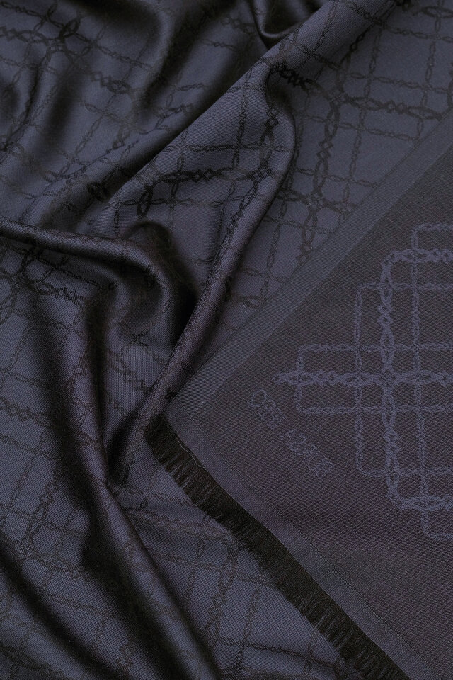 Koyu Lacivert Zincir Desen Jakarlı İpek Şal - 3