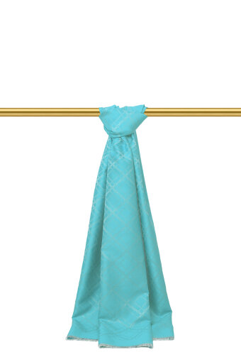 Turkuaz Zincir Desen Jakarlı İpek Şal 