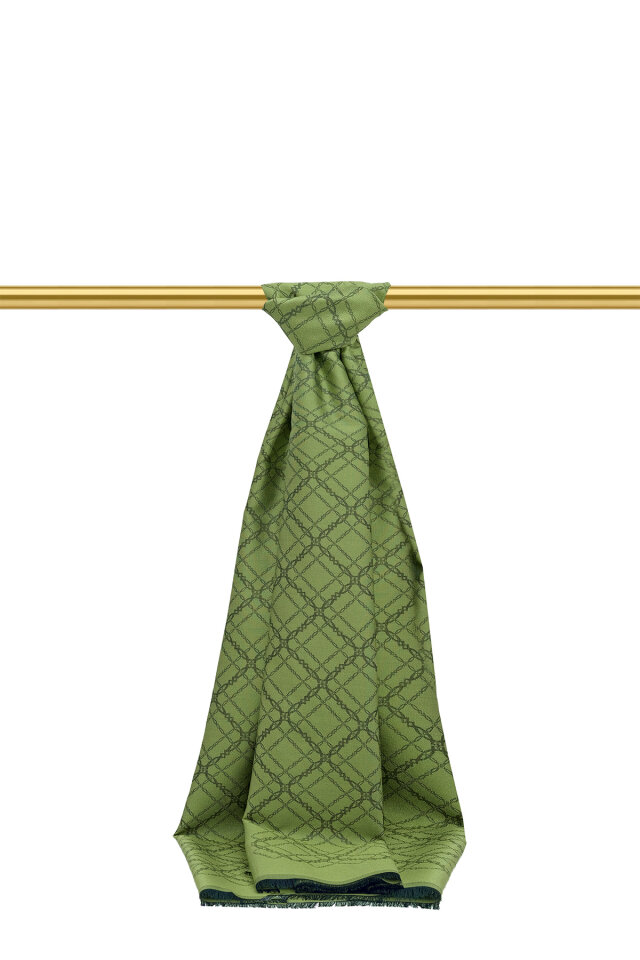 Yeşil Zincir Desen Jakarlı İpek Şal 